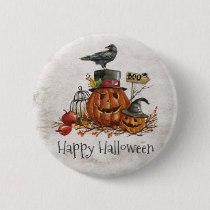 Halloween Black Bird und Pumpkins Button
