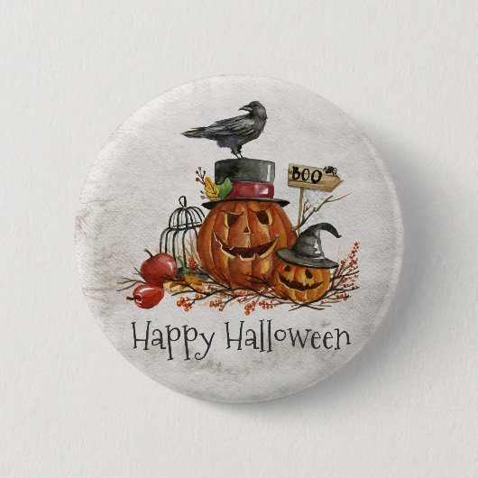Halloween Black Bird und Pumpkins | Button (Vorderseite)