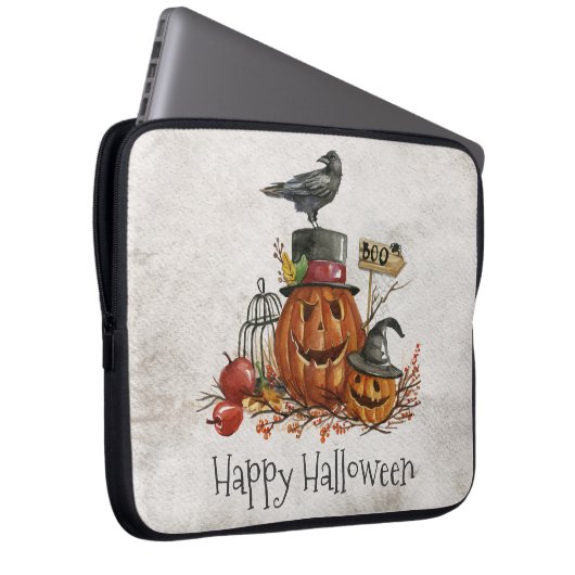 Halloween Black Bird und Pumpkins Laptop Sleeve (Vorne Rechts)