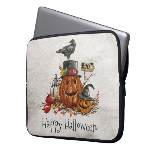 Halloween Black Bird und Pumpkins Laptop Sleeve (Vorderseite Links)