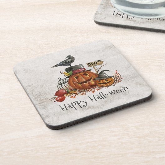 Halloween Black Bird und Pumpkins | Untersetzer (Linke Seite)