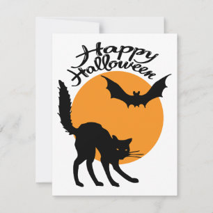 Halloween Black Cat and bat with moon, halloween Karte
