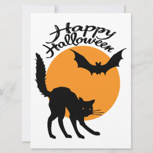 Halloween Black Cat and bat with moon, halloween Karte