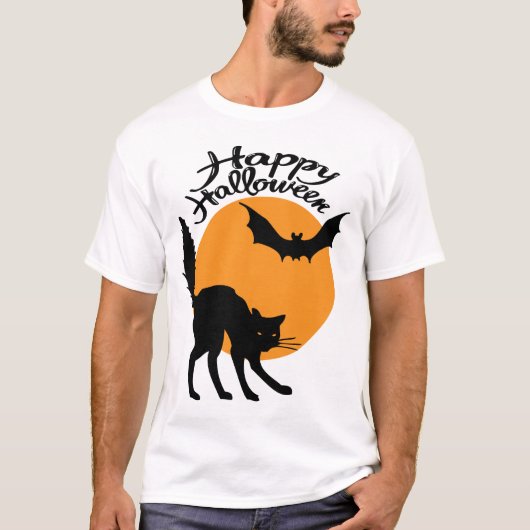 Halloween Black Cat and bat with moon, halloween T-Shirt (Vorderseite)
