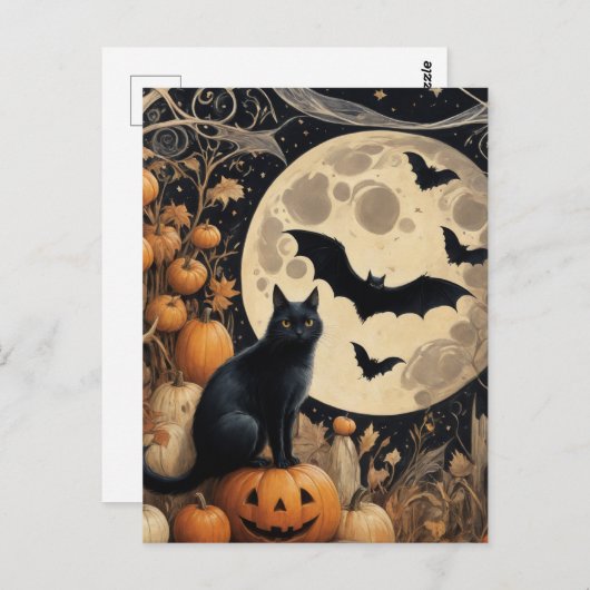 Halloween Black Cat and Bats Postkarte (Vorne/Hinten)
