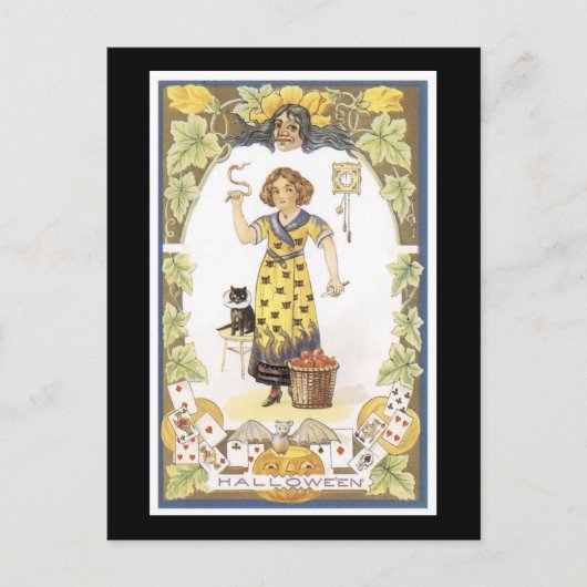 Halloween Black Cat and Girl Postkarte (Vorderseite)