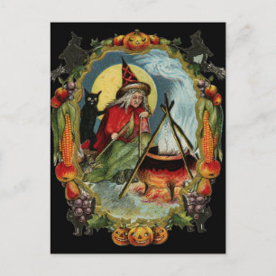 Halloween Black Cat and Hexe Postkarte