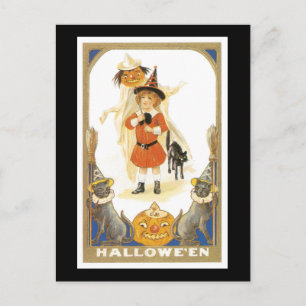 Halloween Black Cat and Hexenmädchen Postkarte