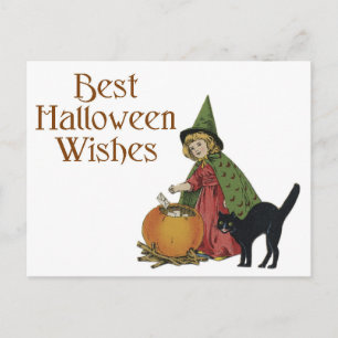 Halloween Black Cat and Hexenmädchen Postkarte