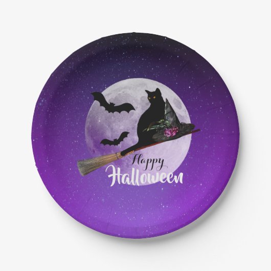 Halloween Black Cat auf Broom Full Moon Pappteller (Vorderseite)