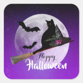 Halloween Black Cat auf Broom Full Moon Quadratischer Aufkleber (Vorderseite)