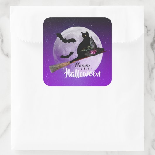 Halloween Black Cat auf Broom Full Moon Quadratischer Aufkleber (Tasche)
