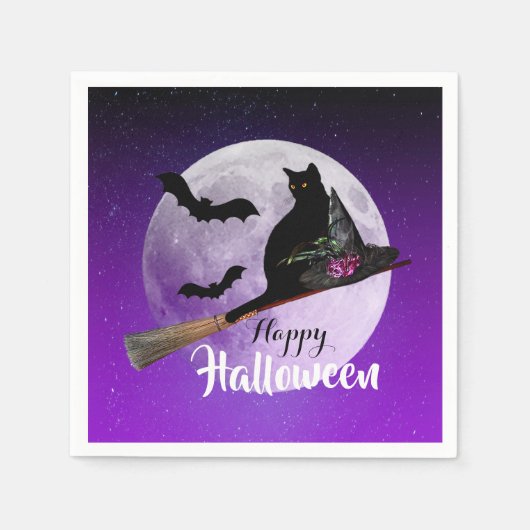 Halloween Black Cat auf Broom Full Moon Serviette (Vorderseite)