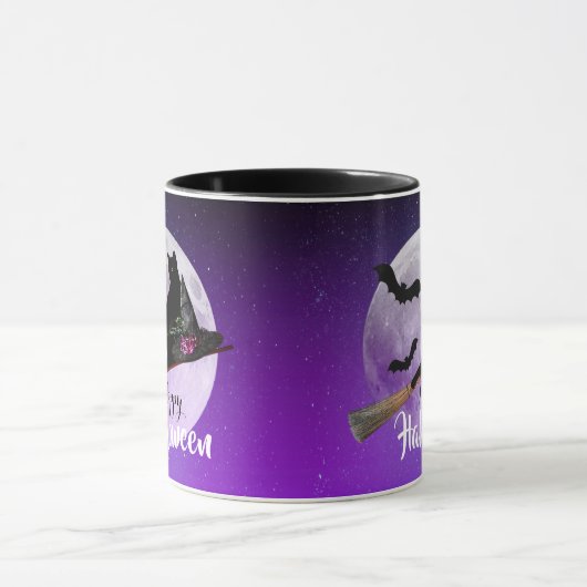 Halloween Black Cat auf Broom Full Moon Tasse (Zentrum)