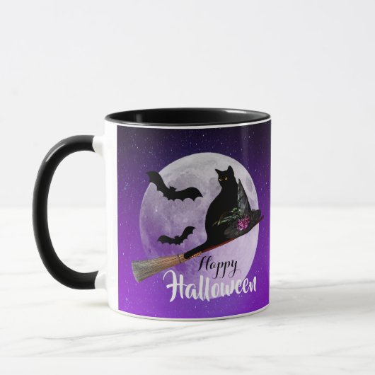 Halloween Black Cat auf Broom Full Moon Tasse (Links)