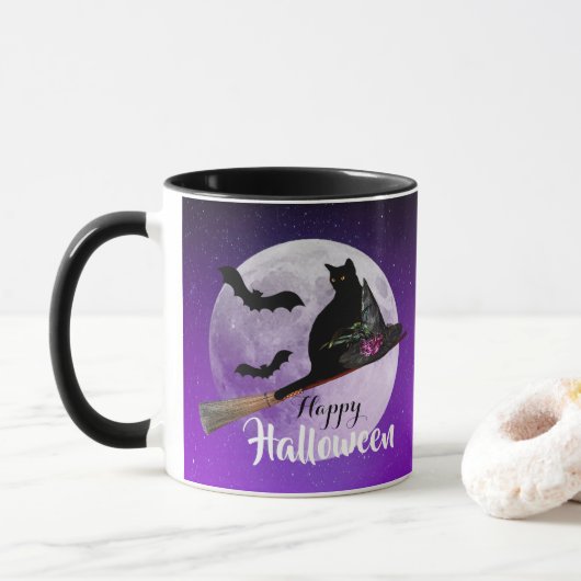 Halloween Black Cat auf Broom Full Moon Tasse (Mit Donut)
