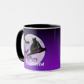 Halloween Black Cat auf Broom Full Moon Tasse (Vorderseite Links)