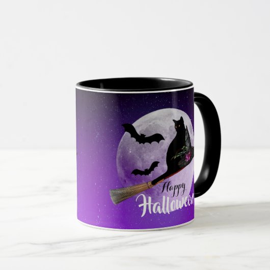 Halloween Black Cat auf Broom Full Moon Tasse (VorderseiteRechts)