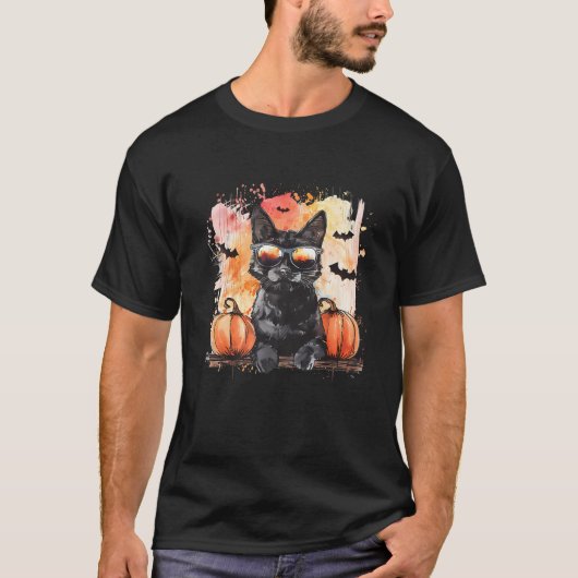 Halloween Black Cat Bats Pumpkin Trick oder behand T-Shirt (Vorderseite)