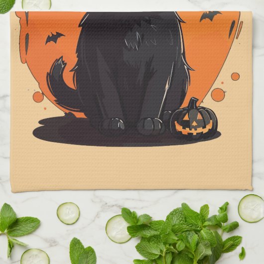 Halloween Black Cat, Black Jack O' Lantern Geschirrtuch (Gefaltet)