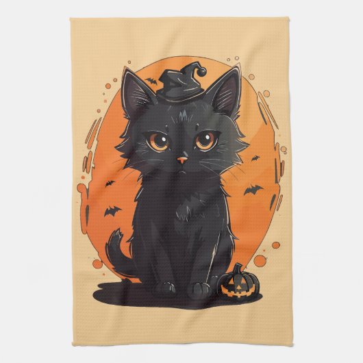 Halloween Black Cat, Black Jack O' Lantern Geschirrtuch (Vertikal)