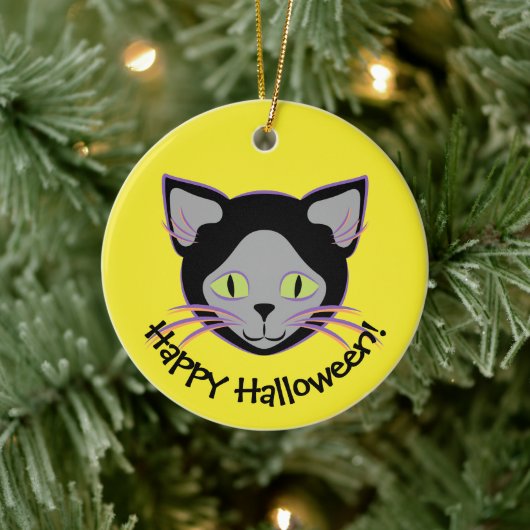 Halloween Black Cat Face Keramik Ornament (Baum)