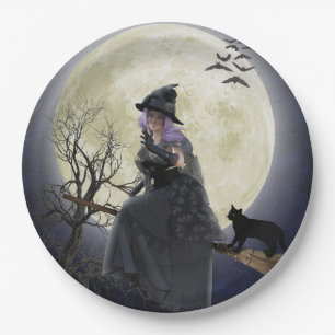Halloween, Black Cat, Fledermäuse und Vollmond Pappteller