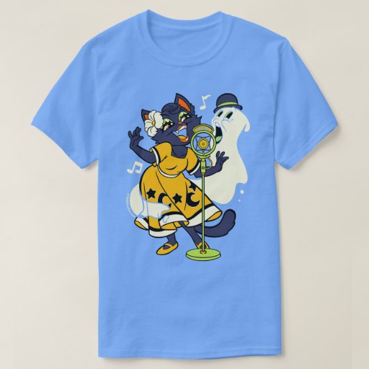 Halloween Black Cat Ghost Singing T-Shirt (Design vorne)