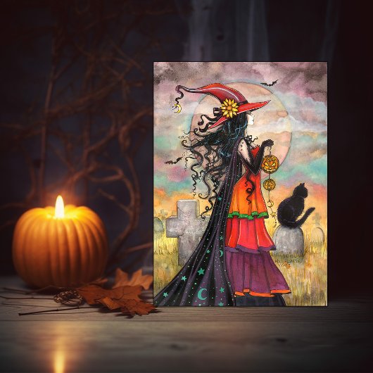 Halloween Black Cat Graveyard Fantasy Art Karte
