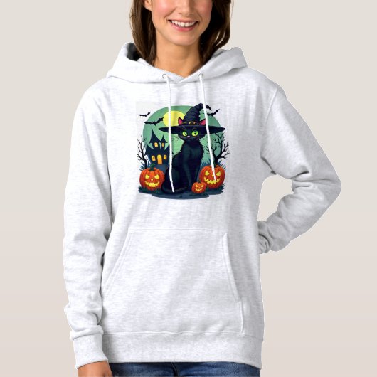 Halloween Black Cat Hat Spooky Cat and Pumpkin Gra Hoodie (Vorderseite)