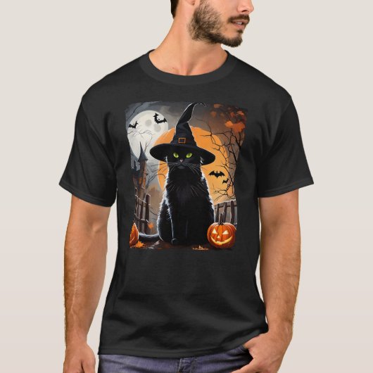 Halloween Black Cat Hat Spooky Cat and Pumpkin Gra T-Shirt (Vorderseite)