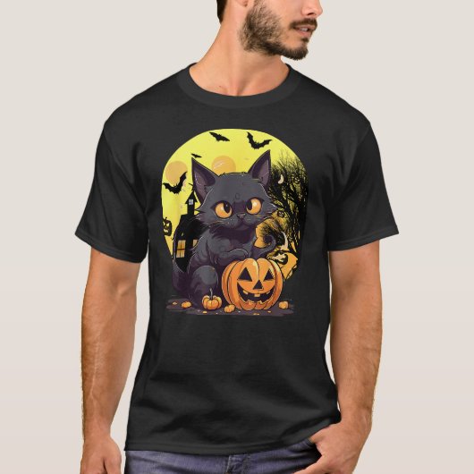 Halloween Black Cat Haunted Mansion Happy Hallowee T-Shirt (Vorderseite)