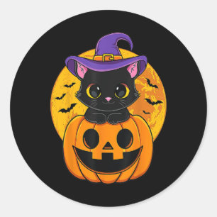 Halloween Black Cat Hexenhut Pumpkin Runder Aufkleber