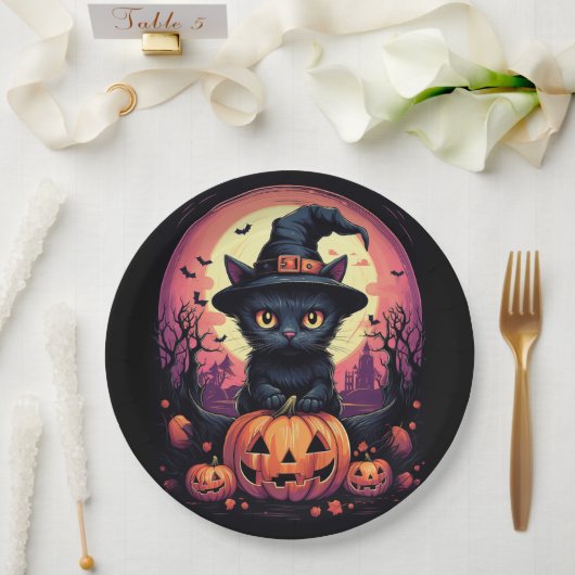 Halloween Black CAT mit Pumpkin und HexenhAT Pappteller (Hochzeit)