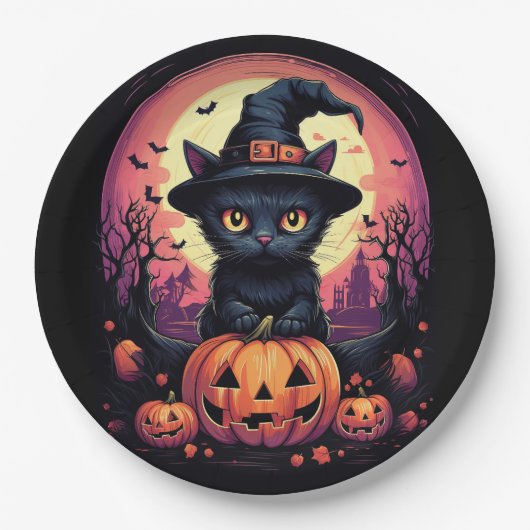 Halloween Black CAT mit Pumpkin und HexenhAT Pappteller (Vorderseite)