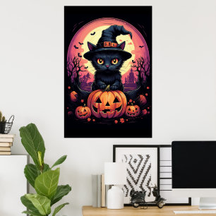 Halloween Black CAT mit Pumpkin und HexenhAT Poster