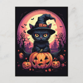 Halloween Black CAT mit Pumpkin und HexenhAT Postkarte