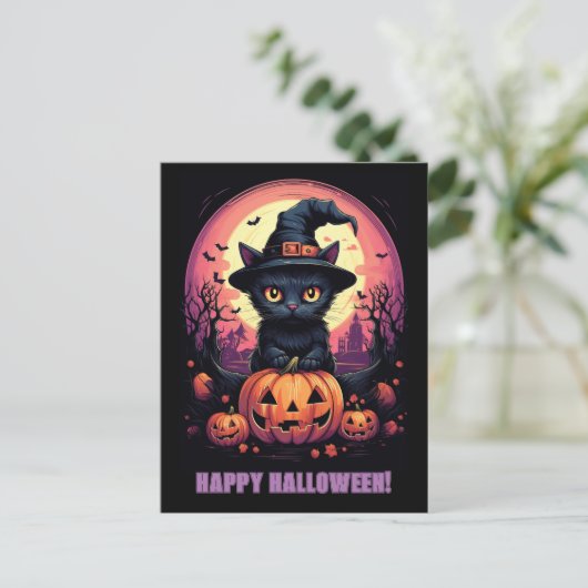 Halloween Black CAT mit Pumpkin und HexenhAT Postkarte (Stehend Vorderseite)