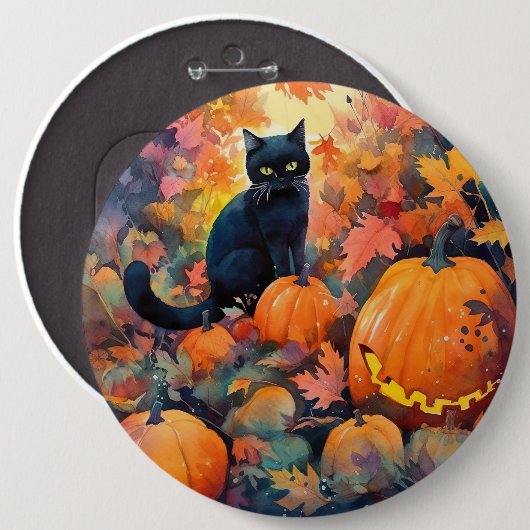 Halloween Black Cat mit Pumpkins Beängstigend Button (Vorne & Hinten)