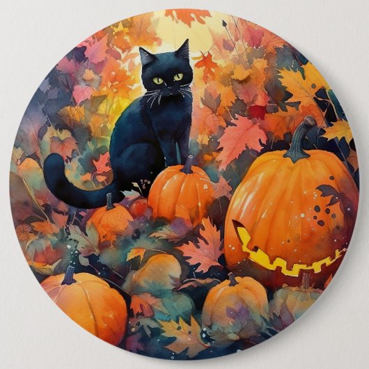 Halloween Black Cat mit Pumpkins Beängstigend Button (Vorderseite)