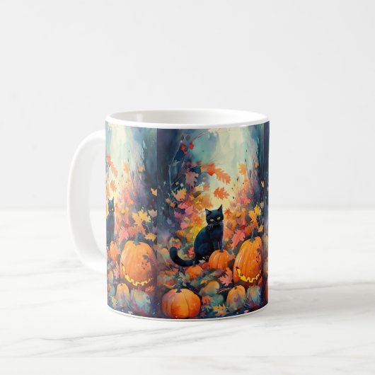 Halloween Black Cat mit Pumpkins Beängstigend Kaffeetasse (Vorderseite Links)