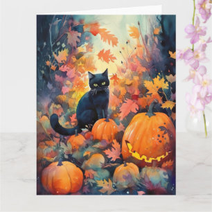 Halloween Black Cat mit Pumpkins Beängstigend Karte