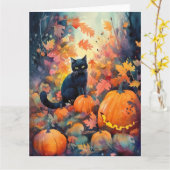 Halloween Black Cat mit Pumpkins Beängstigend Karte (Gelbe Blume)