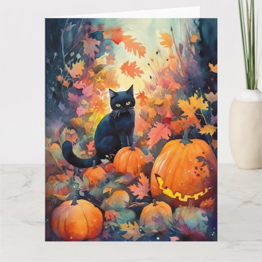 Halloween Black Cat mit Pumpkins Beängstigend Karte (Vorderseite)