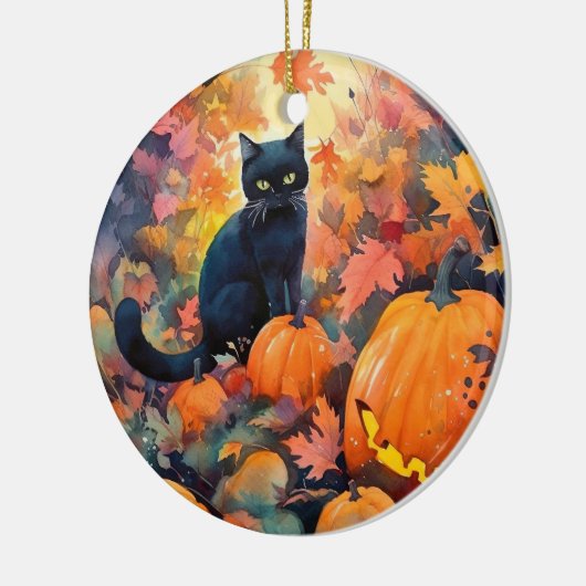 Halloween Black Cat mit Pumpkins Beängstigend Keramik Ornament (Links)