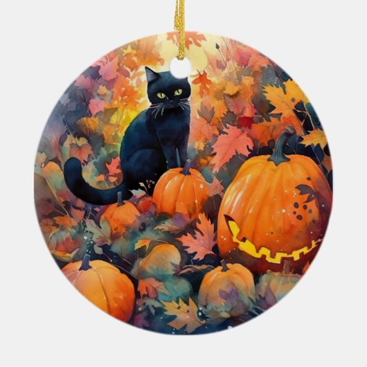 Halloween Black Cat mit Pumpkins Beängstigend Keramik Ornament (Hinten)