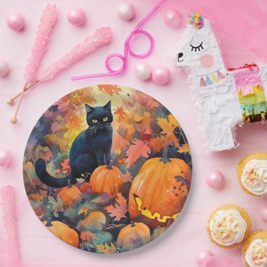 Halloween Black Cat mit Pumpkins Beängstigend Pappteller (Party)