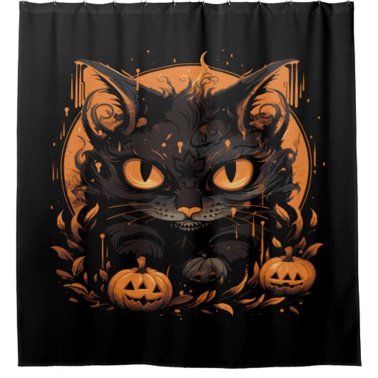 Halloween Black Cat mit Pumpkins und Mond Duschvorhang (Vorderseite)