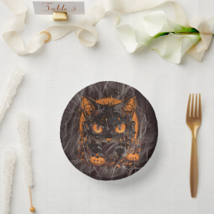 Halloween Black Cat mit Pumpkins und Mond Pappteller