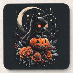 Halloween Black Cat, Moon & Pumpkin Getränkeuntersetzer